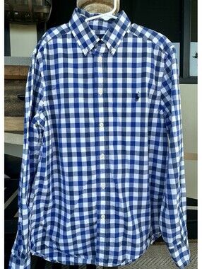 Ralph Lauren Boys Blue/White Check Button-Up Long Sleeve Shirt 14-16 Logo